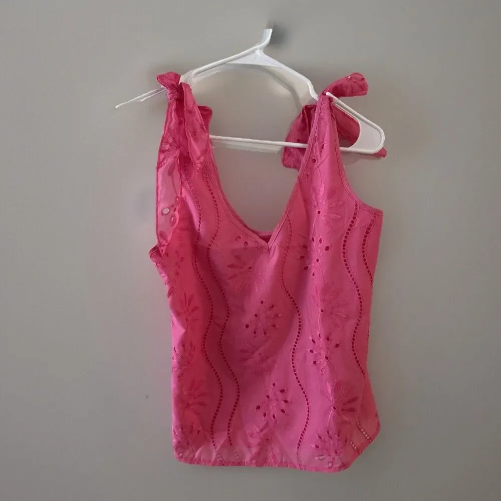 Women's Medium Ruffle Babydoll Tank Top Pink Bow Coquette Romantic Y2K